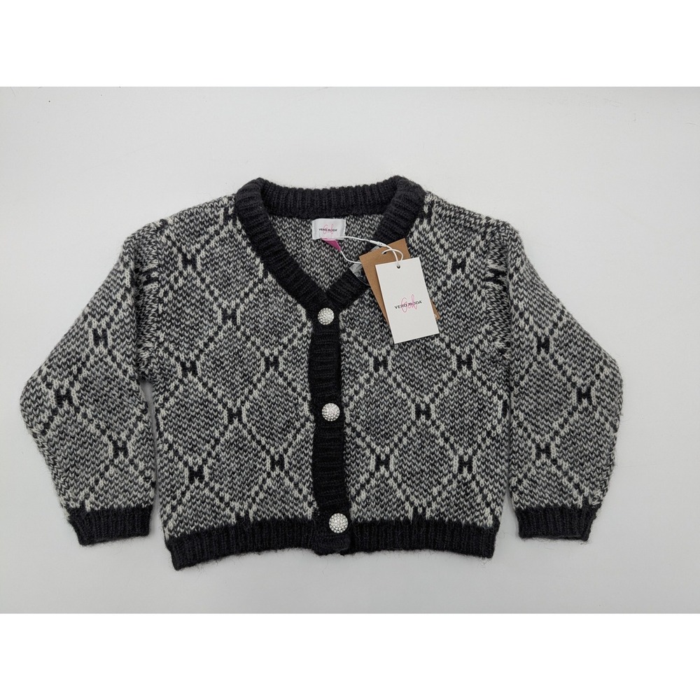 Vero Moda Girls Geometric Knit Cardigan Sparkle Buttons Black‎ Grey Size 6